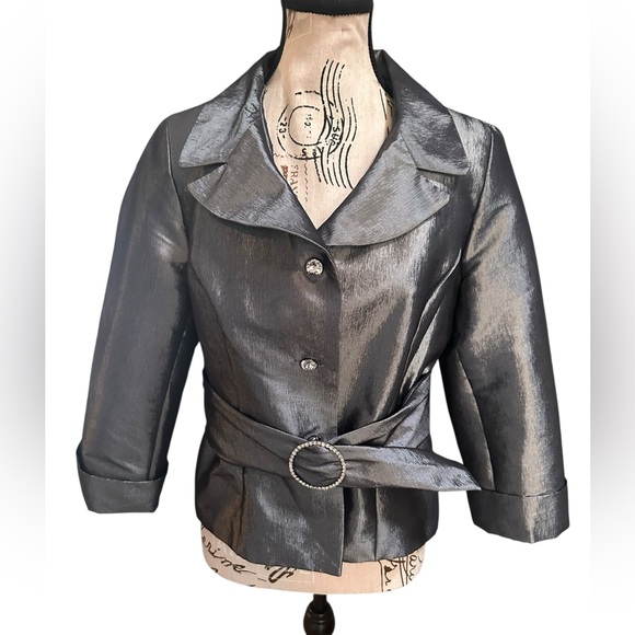 Nicolette Jackets & Blazers - Nicolette Metallic Silver Evening Jacket Rhinestone Belt Formal Blazer 10 Medium